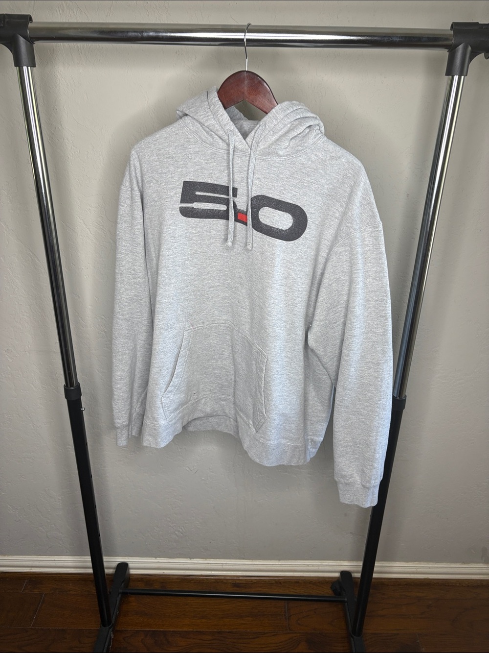 Port and Company Light Gray Hoodie with Black 5:0 Logo and Red Accent